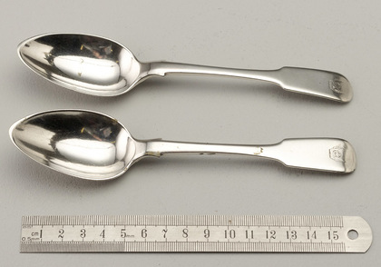 Cape Silver Dessert Spoons (Pair) - Lawrence Twentyman, different makers mark punches, Heathcote Family Crest